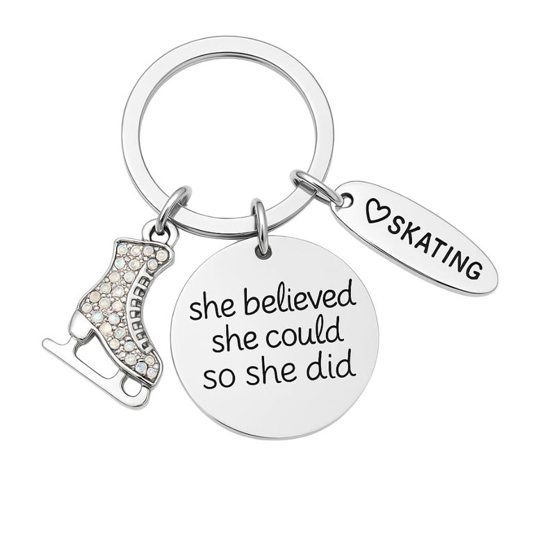 Sportybella Figure Skating Keychain, Girls Skating Jewelry, She Believed She Could So She Did Skate Charm Key Ring - Figure Skating Gifts - Image 1